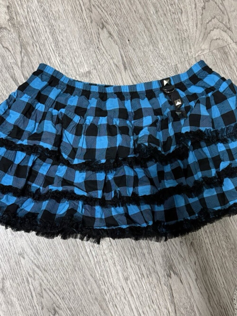 Blue Black Checkered Tiered Ruffle Mini Skirt Lace Trim Punk Goth Scene - Picture 3 of 3